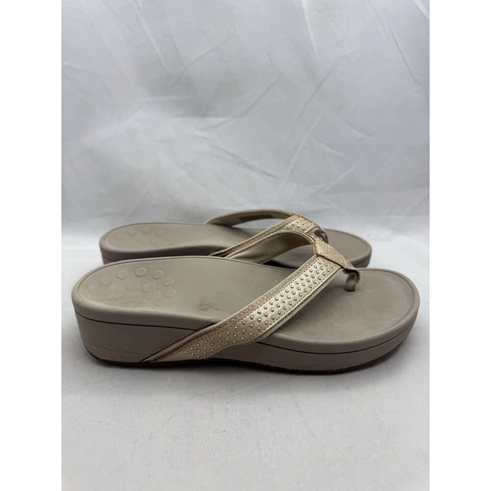 Vionic Pacific Kehoe Leather Sandals Gold Stud Thong Wedge Flip Flops Size 8 - Picture 3 of 5